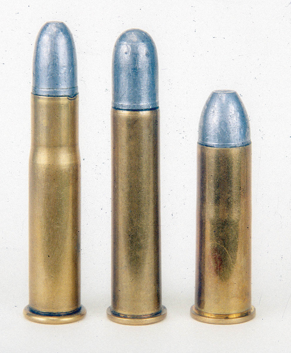 These handloads rep­resent the three best-selling cartridges for the Sharps Model 1874 (left to right): .44-21⁄4 Inch (.44-77), .45 Government (.45-70) and .50 Government (.50-70).